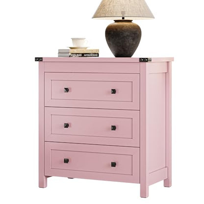 Xixini Farmhouse Nightstand with 3 Storage Drawers, 27.55" Wide Wood Bedside Table, Modern Side Table with Metal Handle, End Table for Bedroom, Pink - color: Pink