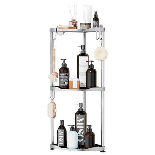 SWTYMIKI Corner Shower Caddy Standing - 3 Tier Stainless Steel Shower Organizer Stand, Large Capacity Floor Shelf with 4 Hooks, Rustproof Bathroom Storage Rack,Silver - color: Silver
