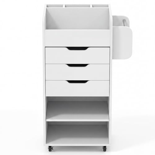 Tangkula Rolling Storage Drawer Cart, Home Office Mobile Drawer Cart, Wooden Utility Cart Storage Cabinet w/ 3 Drawers & 3 Open Storage Shelves, Paper Organizer w/Lockable Casters