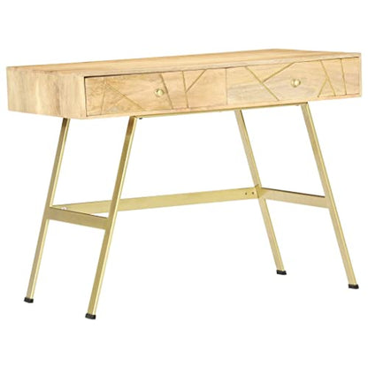 Industrial Computer Desk with 2 Drawers 39.4" Solid Mango Wood and Steel Writing Table for Home Office Small Spaces Natural Brass - color: Solid Mango Wood