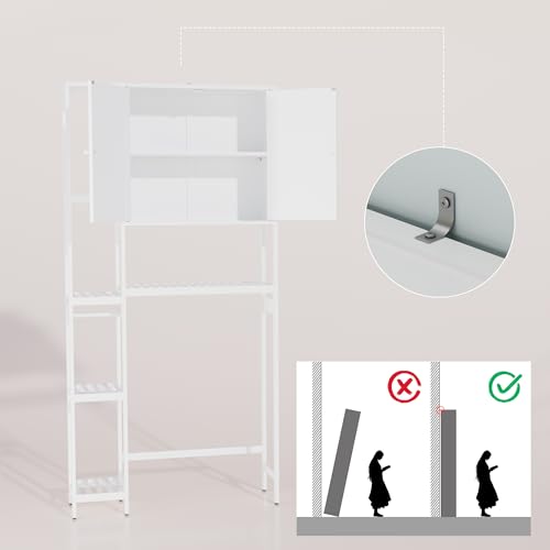 Bamboo Over The Toilet Storage, Above Toilet Organizer Storage Shelf, Tall Freestanding Behind Toilet Rack, Tiered Bathroom Space Saver Shelving, Easy Assembly (White) - color: White