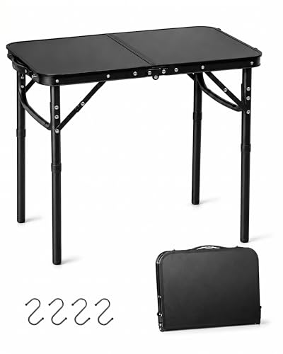 LOFTEY 2025 Reinforced Small Folding Table Portable, Small Foldable Camping Table, Heavy-Duty Mini Folding | 2 Adjustable Height | Lightweight Aluminum with Handle | 25" x 16" x 22", Black - color: Black-v