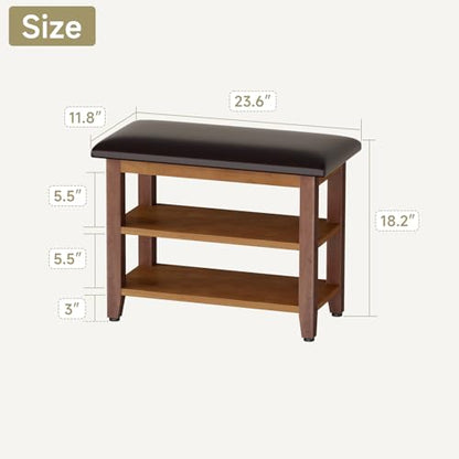 Shoe Bench with Leather Cushion,Rubberwood Bench with Shoe Rack | 2-Tier Shoe Storage Organizer for Entryway,Hallway,Living Room - size: 2-Tier-23.6"
