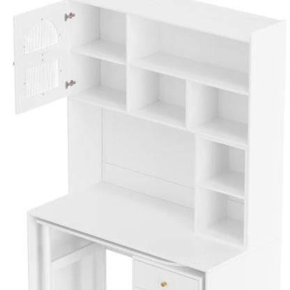 Wooden Computer Gaming Desk with 90 Degree Rotating Desktop, Study Writing Desk with Open Shelves, Storage Drawer and Cabinets, Work Desk for Home Office Bedroom Living Room (White-03) - color: White-03