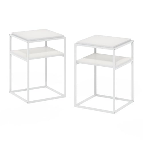 2-Tier Set of 2 Stackable Metal Frame End Table, Toolless Assembly Bedside Table, Night Stand with Open Shelf, Side Table, for Bedroom, Living Room, Solid White - color: Solid White/White, size: 2 Tier, Set of 2