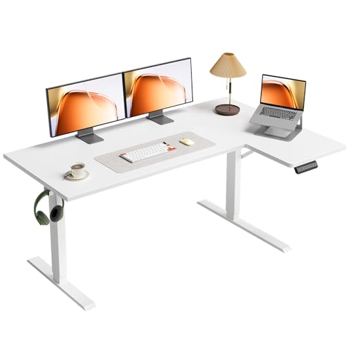 OffiGo Electric L Shaped Standing Desk, 55 Inches Height Adjustable Table, Reversible Corner Stand Up Desk, Lifting Computer Table for Home Office, Computer Workstation, White - color: White, size: 55 Inch