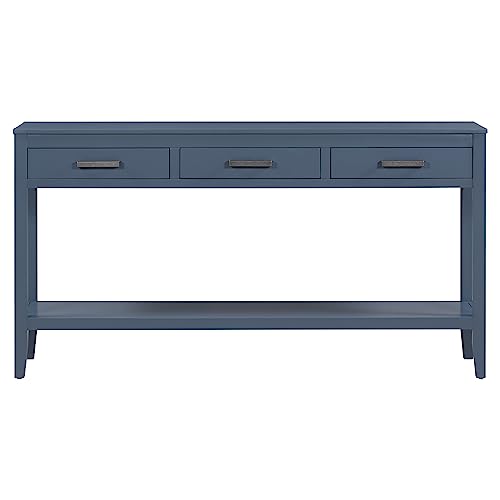 Merax Entryway Console Table with Storage, 3 Drawers Design/Wood Frame/Behind Couch & Sofa, Blue - color: Blue