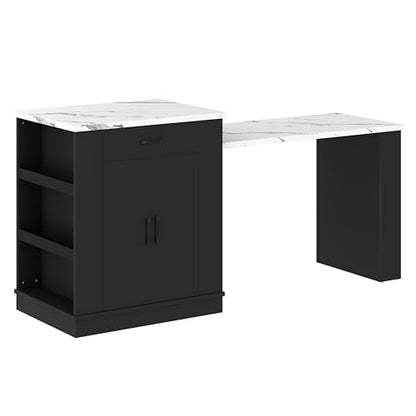 Gecheer Extendable Kitchen Island with Drawers, Double-Door Cabinets & Open Shelving – Black, 80.7" L x 33.4" W x 35.3" H – Multi-Functional Dining Table, Breakfast Bar & Tea Station