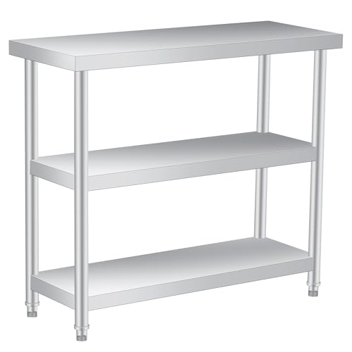 Stainless Steel Table, 14 x 36 x 34 in, 3-Tier Metal Prep Table with 2 Undershelf & Gloves, Commercial Kitchen Utility Workstation for Restaurant, Hotel, Laundry, Garage, Indoor, Outdoor, BBQ