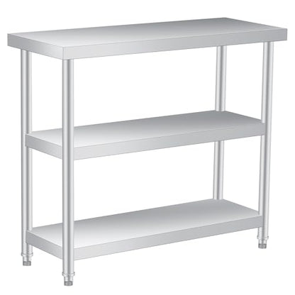 Stainless Steel Table, 14 x 36 x 34 in, 3-Tier Metal Prep Table with 2 Undershelf & Gloves, Commercial Kitchen Utility Workstation for Restaurant, Hotel, Laundry, Garage, Indoor, Outdoor, BBQ