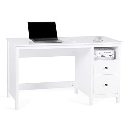 Vikiullf White Desk with Drawers, 47” Modern Home Office Study Computer Writing Desk with Storage Cabinet & Open Shelf, Simple Vanity Table for Bedroom
