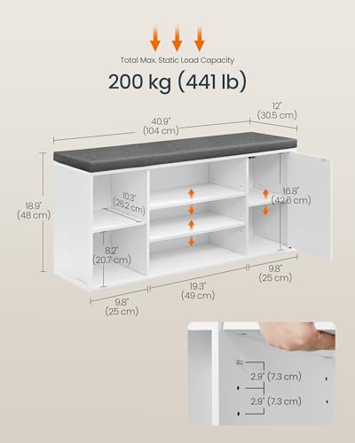 SONGMICS HOME Storage Bench, Snapsemble Superfast Assembly, 41" Wide Entryway Shoe Cubby Bench with Cushion & Adjustable Shelves, Window Shoe Rack Cabinet, Snow White and Slate Gray ULHS391WE02S - color: Snow White + Slate Gray, style: 12"D x 40.9"W x 18.