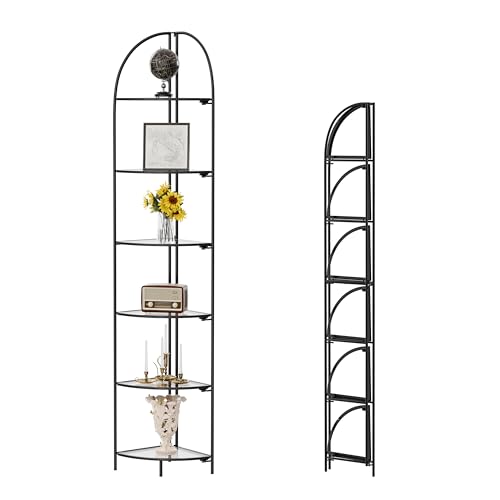 Crofy 6-Tier Foldable Corner Shelf, Metal Black Frame & Transparent Shelves | Corner Plant Stand, Corner Display Rack, Multipurpose Shelving Unit for Living Room, Bedroom and Bathroom - color: Black Frame & Transparent Shelf, size: 6 Tier