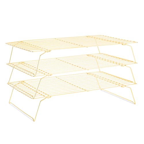 Cooling Rack for Baking 3 Tiers, 16" x 10" Cookie Cooling Wire Rack Stackable Collapsible Nonstick, Stainless Steel Baking Cooking Cooling Racks with Optimum Air Flow, Gold - color: Gold, size: 16"x10"-3Tier