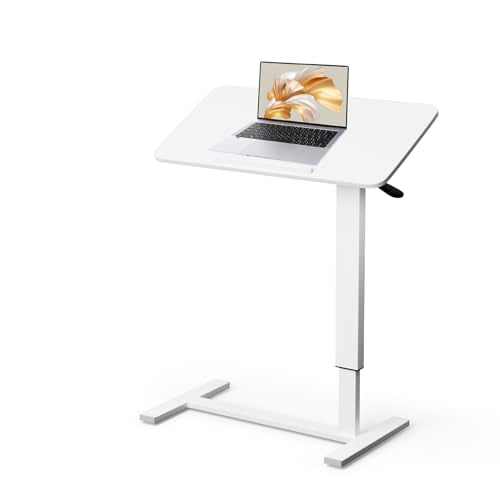 Mobile Standing Desk Portable Pneumatic Laptop Rolling Cart Adjustable Height, 26"-37" Tiltable Overbed Table Sit Stand Computer Workstations for Home Office w/Wheels Flat Desk 32", White - size: 26“-37”