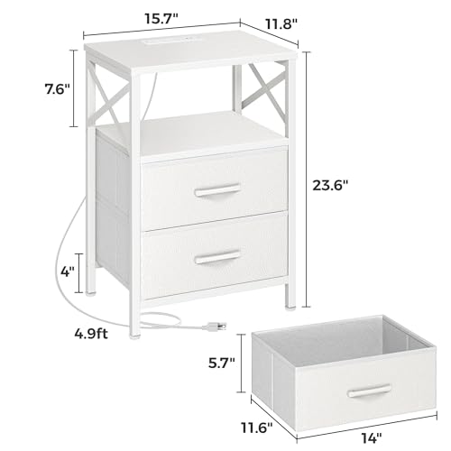 Huuger Nightstands Set of 2, Night Stand with Charger Station, 2 Drawer Side Table with Open Shelf, USB-C Port, End Table for Small Spaces, X Shaped Side Rail, White - color: White