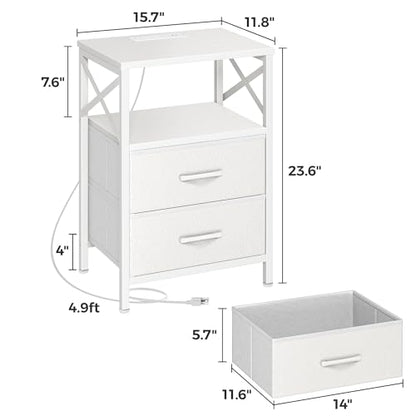 Huuger Nightstands Set of 2, Night Stand with Charger Station, 2 Drawer Side Table with Open Shelf, USB-C Port, End Table for Small Spaces, X Shaped Side Rail, White - color: White