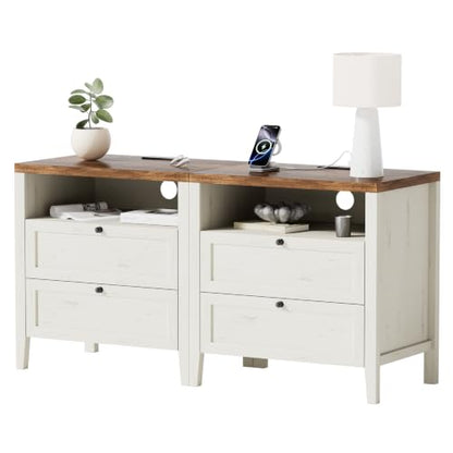 Modern Nightstands Set of 2, Farmhouse End Side Table with Drawer Freestanding Wide Bedside Table for Living Room Bedroom Sofa, Rustic White and Honey Brown - color: 2 Drawers/Rustic White + Honey Brown, size: 2PCS