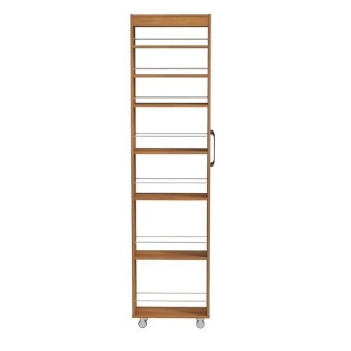 7 Tier Slim Rolling Storage Cart, 68.35" Tall Narrow Pull Out Pantry Organizer Shelves for Kitchen Laundry Bathroom, Space Saving Mobile Utility Cart with Wheels & Handle, Oak - color: Oak