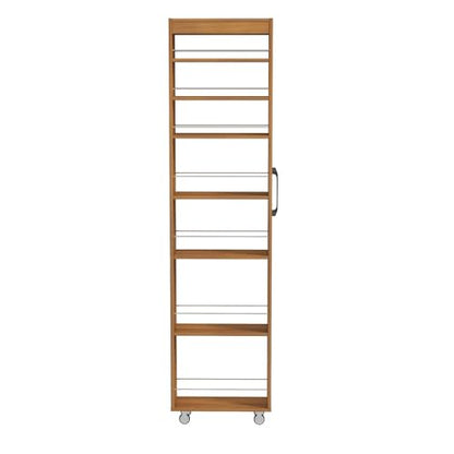 7 Tier Slim Rolling Storage Cart, 68.35" Tall Narrow Pull Out Pantry Organizer Shelves for Kitchen Laundry Bathroom, Space Saving Mobile Utility Cart with Wheels & Handle, Oak - color: Oak