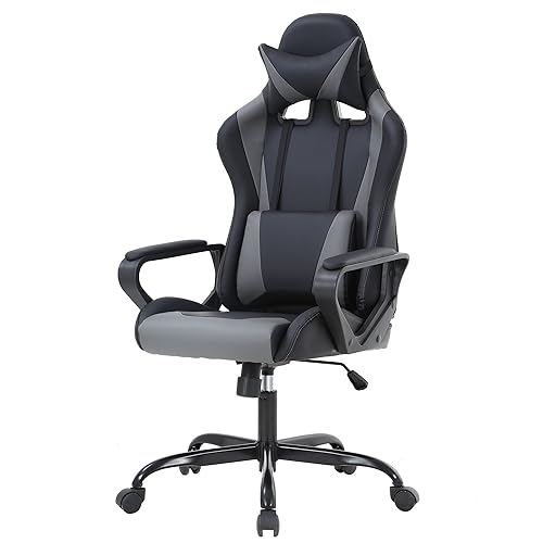PayLessHere Ergonomic Racing Desk Chair Gaming Chair Computer Chair with Armrests 360° Swivel & Caster Pu Desk Task Chair Executive Headrest Lumbar Support for Back Pain Women Men and Adults (Grey) - color: Grey
