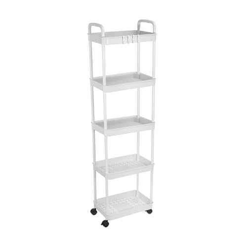PATIKIL 5-Tier Rolling Utility Cart with Handle, Storage Shelves Organizer Cart Movable Storage Organizer with Wheels for Room Office Kitchen Bathroom, White - color: White