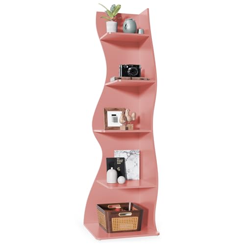 LITTLE TREE Small Corner Shelf, Modern 5-Tier Wall Corner Bookshelf, Stylish Bookcase Storage Rack for Small Space, Living Room, Bedroom, Pink, 1 Pack - color: Pink, size: 1 Pack