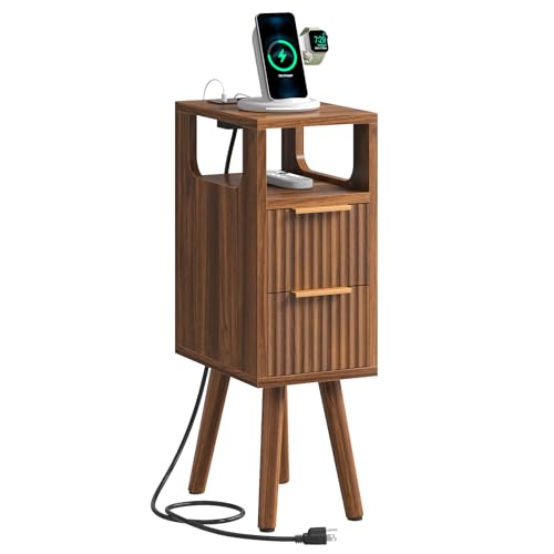 ELYKEN 7.9" Small Narrow Side Table with Charging Station, 24.4" H Skinny Fluted Nightstand with 2 Drawers, Solid Wood Feet, Open Storage, Slim End Table for Small Spaces, Bedroom, Walnut - color: Walnut-1 Pcs