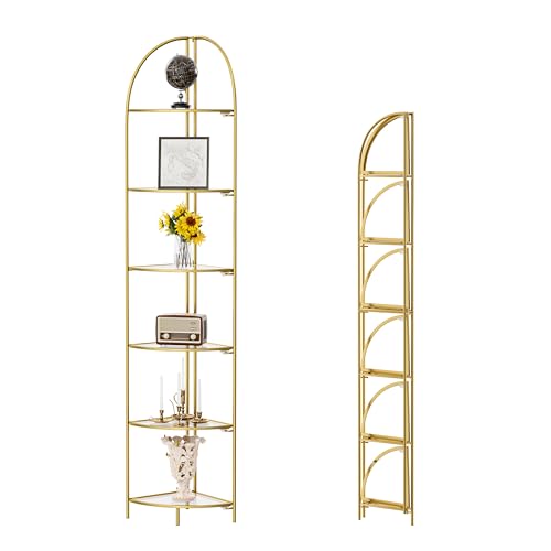 Crofy 6-Tier Foldable Corner Shelf, Metal Gold Frame & Transparent Shelves | Corner Plant Stand, Corner Display Rack, Multipurpose Shelving Unit for Living Room, Bedroom and Bathroom - color: Gold Frame & Transparent Shelf, size: 6 Tier
