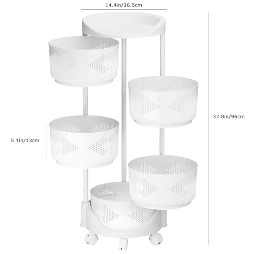 Kitchen Fruit Vegetable Storage Cart, 5 Tier Circular Rotating Basket with Top Lid, Large Hollow Mesh Basket for Veggie Onion Potato Snake, Rolling Storage Rack on Wheels White Five Layers