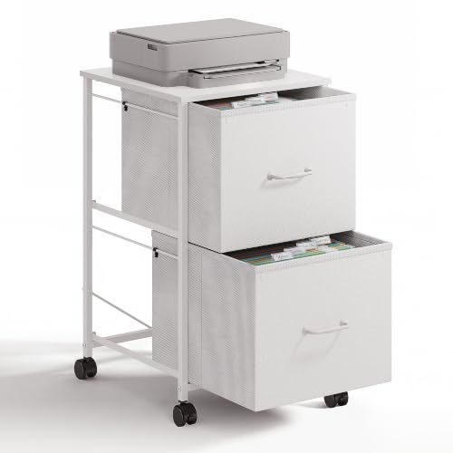 DEVAISE 2 Drawer Mobile File Cabinet with Open Storage Shelf | Rolling Printer Stand, Fabric Vertical Filing Cabinet fits A4 or Letter Size for Home Office, White - color: White