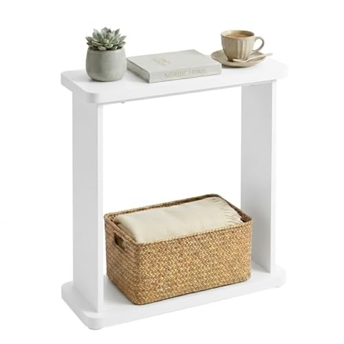 Narrow Side Table for Small Spaces, 7.9" Slim End Table with 2-Tier Open Storage Shelf, Modern Skinny Wood Sofa Table for Living Room, Bedroom, Nightstand, Couch(White) - color: White