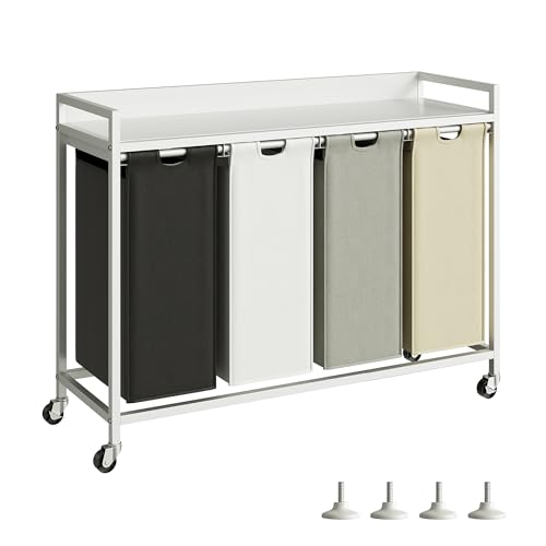 Herture Laundry Hamper with Shelf, Laundry Basket 4 Section, Laundry Sorter with Pull-Out Removable Large 4 Color Bags and Movable Wheels, Metal Frame, 4 x 15.87 Gallons (60L), White PF07XLE - color: White + 4-Color, size: 4 Bags-240 L
