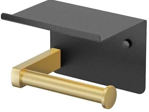 FORIOUS Toilet Paper Holder with Shelf, Adhesive or Screw Wall Mount Toilet Paper Roll Holder for Bathroom, Rustproof 304 Tissue Dispenser with Phone Shelf (1, Matte Black & Brushed Gold) - color: Matte Black & Brushed Gold