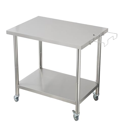 Garvee Stainless Steel Straight Edge Work Table 30 inch Double Layer with Casters & Garbage Shelf, Heavy Duty Commercial Prep Table, 0.7mm Thick - size: 30*24*35inch - with casters + trash rack