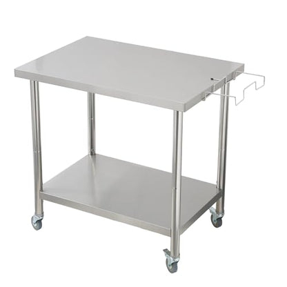 Garvee Stainless Steel Straight Edge Work Table 30 inch Double Layer with Casters & Garbage Shelf, Heavy Duty Commercial Prep Table, 0.7mm Thick - size: 30*24*35inch - with casters + trash rack
