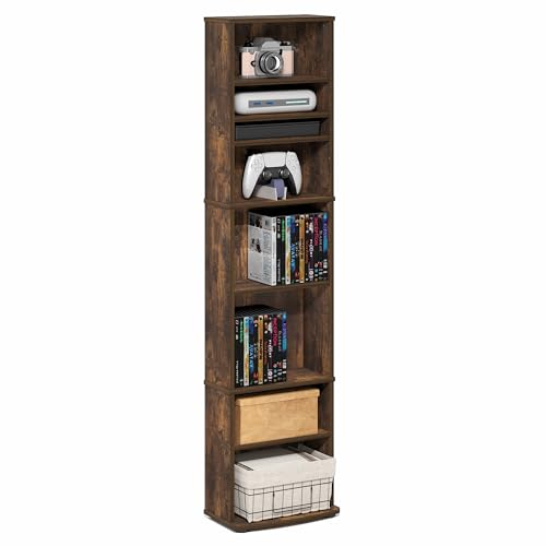 Furinno Jaya DVD Shelf, 8-Tier Tall Narrow CD Rack, Media Shelf with Adjustable Shelves, DVD Storage Cabinets for CD Bluray Game Disc, Easy Assembly, for Living Room, Home Office, Amber Pine - color: Amber Pine, size: 8-Shelf