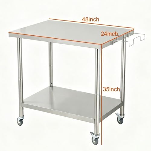 Garvee Stainless Steel Straight Edge Work Table 48 inch Double Layer with Casters & Garbage Shelf, Heavy Duty Commercial Prep Table, 0.7mm Thick - size: 48*24*35 inch - with casters + trash rack