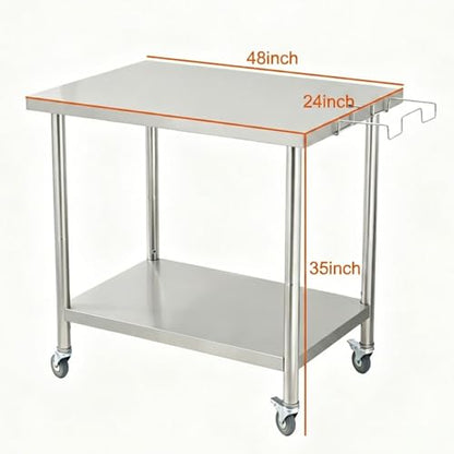 Garvee Stainless Steel Straight Edge Work Table 48 inch Double Layer with Casters & Garbage Shelf, Heavy Duty Commercial Prep Table, 0.7mm Thick - size: 48*24*35 inch - with casters + trash rack