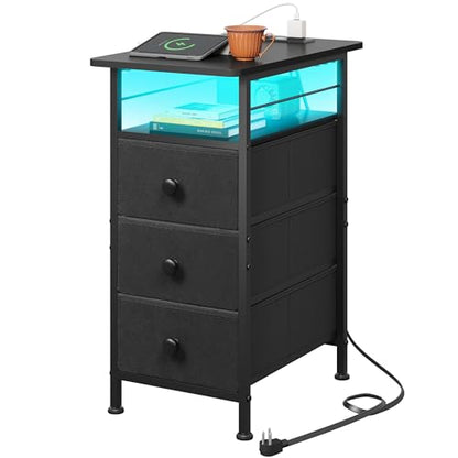 WLIVE Narrow Side Table with Charging Station, End Table with LED Lights,3 Fabric Drawers and Open Shelf, Bed Side Tables Living Room, Small Spaces, Bedroom, Black - color: Black, size: 3 Drawers