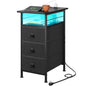 WLIVE Narrow Side Table with Charging Station, End Table with LED Lights,3 Fabric Drawers and Open Shelf, Bed Side Tables Living Room, Small Spaces, Bedroom, Black - color: Black, size: 3 Drawers