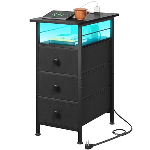 WLIVE Night Stand with Charging Station, End Table with 3 Fabric Drawers | LED Lights & Open Storage Shelf; Small Narrow Bedside Table for Livving Room & Bedroom - color: Black, size: 3 Drawers