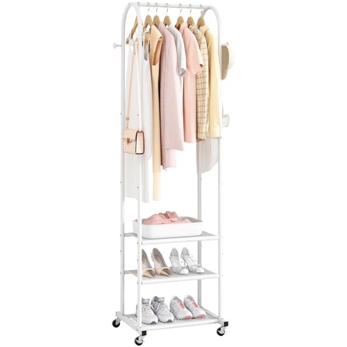Kaitiemoo Heavy Duty Clothing Rack with Wheels,Modern Garment Rack with 3 Metal Shelves, 71.8Inches Display Rack for Hanging Clothes, Hanging Rod for Small Spaces,White - color: White