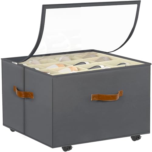 Foyego Shoe Organizer for Closet, Shoe Storage Organizer with Wheels and Adjustable Dividers, Stackable Shoe Storage Box with Clear Cover, Foldable Closet Shoe Organizer Fits up to 16-32 Pairs, Gray - color: Gray, size: 17"L x 17"W x 12 ½"H