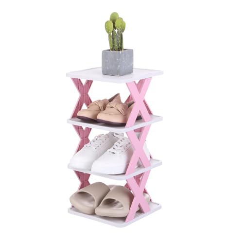 uxcell 4-Tier Plastic Shoe Rack, Vertical Shoe Rack Stackable Storage Organizer Folding Space-Saving Narrow Slot Shelf for Closet Livingroom Entryway Garage, Pink/White - color: Pink/White, size: 10.2x9.4x19.5 Inch