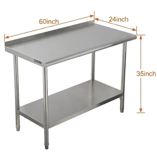 Garvee Stainless Steel Curved Edge Work Table 60 inch Double Layer with Backsplash, Heavy Duty Commercial Prep Table with Hook, 0.7mm Thick - size: 60*24*35 inch - with back panel