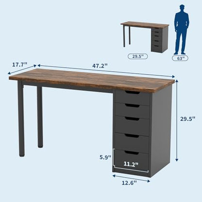 Garvee Computer Desk with 5 Drawers, 47 Inch Modern Simple Study Writing Desk with Storage, Rustic Home Office Desk, Reversible Computer Desk for Small Spaces, Apartments, Dorms, Brown+Black - color: Brown + Black
