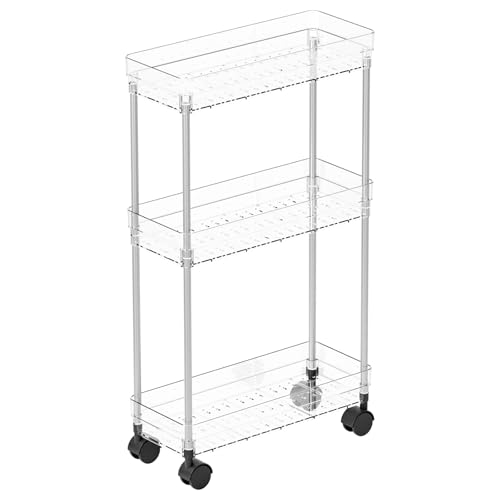 Clear 3 Tier Slim Rolling Storage Cart with Wheels,6.3″W Thin Shelf,Bathroom Storage Cabinet,Skinny Laundry Cart,Narrow Laundry Room Cart Between Washer and Dryer,Skinny Shelves for Small Space - style: 3 Tier
