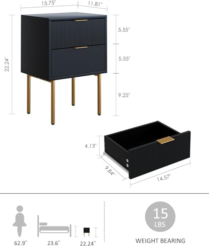 Nightstand,Small Bedside Table with Gold Frame,Black Night Stand,Bedside Furniture,Side Table with 2Drawers for Bedroom,Living Room - color: Black., style: 2Drawers