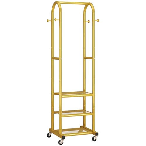 Dttwacoyh Clothing Rack with Wheels,Narrow Metal Garment Rack,Gold | Easy to install, 71.8 Inches Display Rack with 4 Side Hooks & 3 Shelves,for Small Flats, Bedroom, Entryway,Gold Clothes Rack - color: Gold